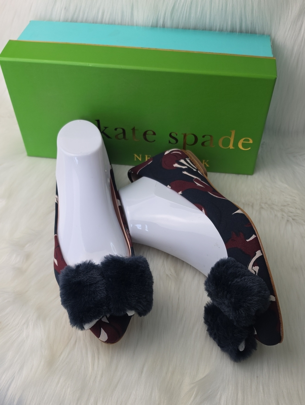 KATE SPADE Elen Fox Glen Fabric Faux Fur Bow Pointed Toe Slip On Flats 9 NEW‎